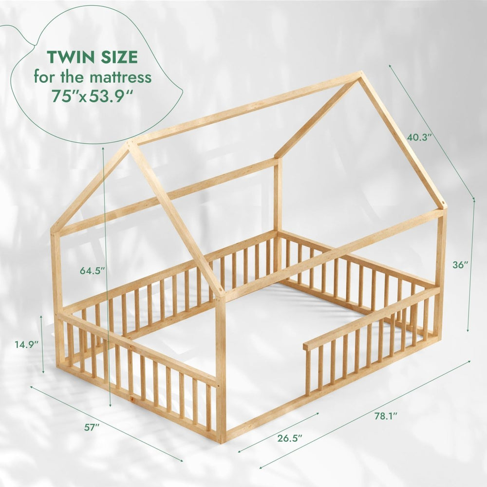 Twin Size Montessori House Bed for Kids with Fence (ONLINE ORDER ONLY)