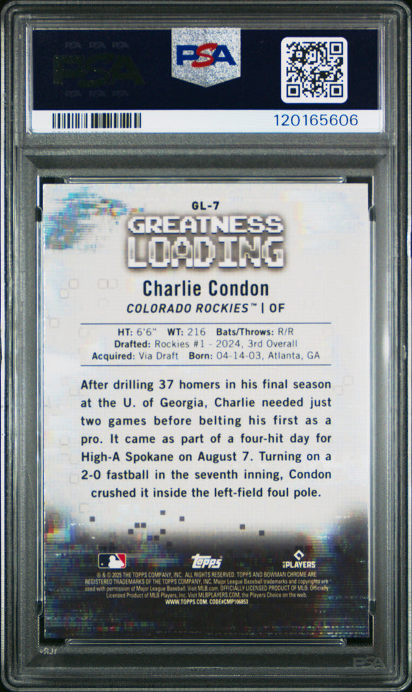 Graded 2025 Topps Bowman Charlie Condon #GL7 Greatness Loading Rookie RC Baseball Card PSA 10 Gem Mint (ONLINE ORDER ONLY)