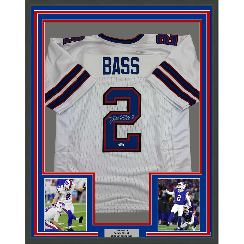 Framed Autographed/Signed Tyler Bass 35x39 Buffalo White Football Jersey JSA COA