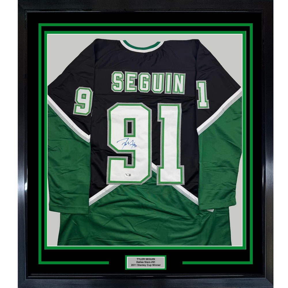 Framed Autographed/Signed Tyler Seguin 35x39 Dallas Black Hockey Jersey Beckett BAS COA