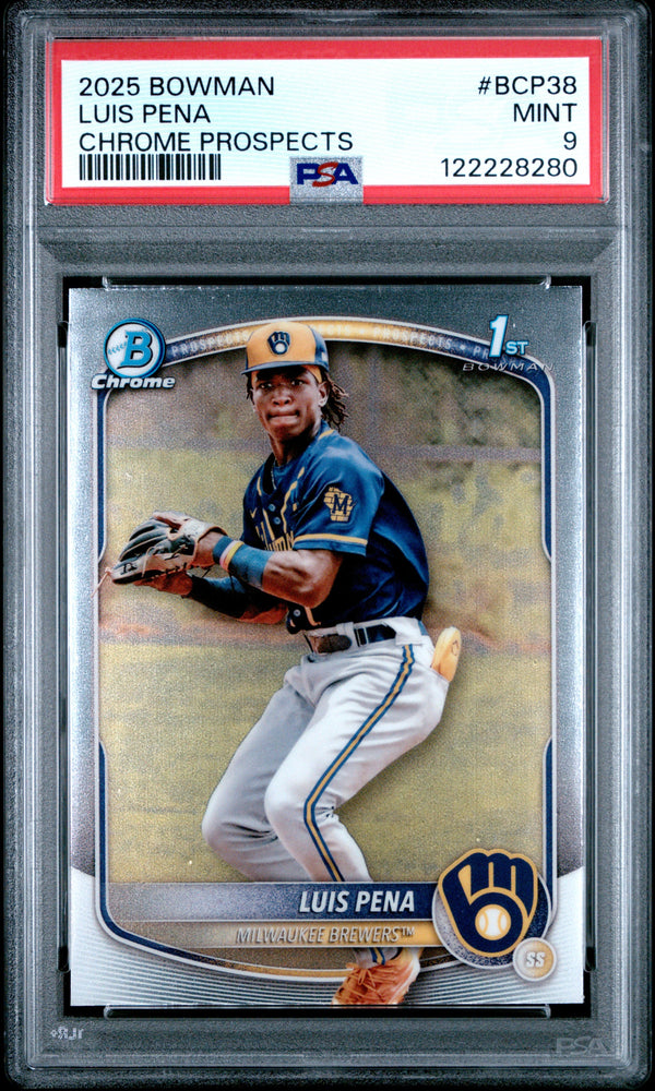Graded 2025 Topps Bowman Luis Pena #BCP38 Chrome Prospects Rookie RC Baseball Card PSA 9 Mint (ONLINE ORDER ONLY)