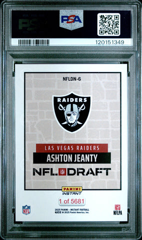 Graded 2025 Panini Instant Ashton Jeanty #NFLDN6 NFL Draft Night Rookie RC Football Card PSA 10 Gem Mint (ONLINE ORDER ONLY)