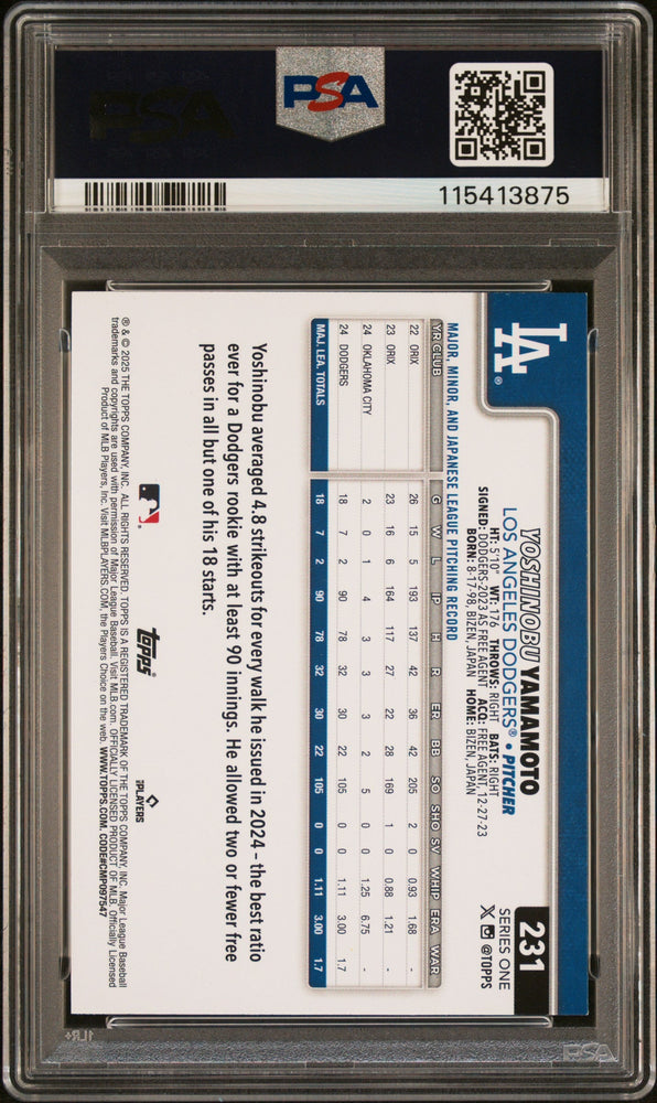 Graded 2025 Topps Yoshinobu Yamamoto #231 Baseball Card PSA 8 Near Mint (ONLINE ORDER ONLY)