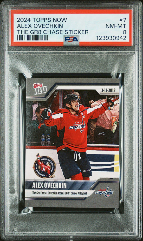 Graded 2024 Topps Now Alex Ovechkin #7 The GR8 Chase Sticker Hockey Card PSA 8 Near Mint (ONLINE ORDER ONLY)