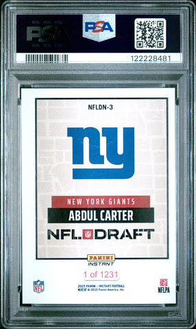 Graded 2025 Panini Instant Abdul Carter #NFLDN3 NFL Draft Night Rookie RC Football Card PSA 9 Mint (ONLINE ORDER ONLY)