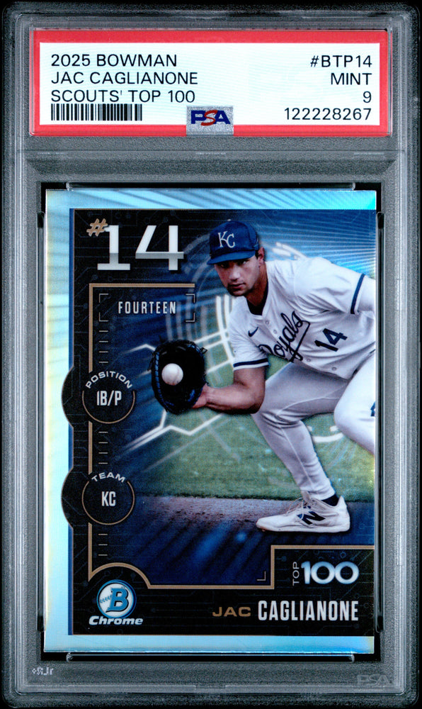 Graded 2025 Topps Bowman Jac Caglianone #BTP14 Scouts Top 100 Rookie RC Baseball Card PSA 9 Mint (ONLINE ORDER ONLY)