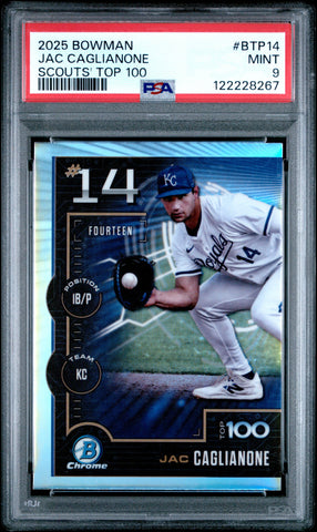 Graded 2025 Topps Bowman Jac Caglianone #BTP14 Scouts Top 100 Rookie RC Baseball Card PSA 9 Mint (ONLINE ORDER ONLY)