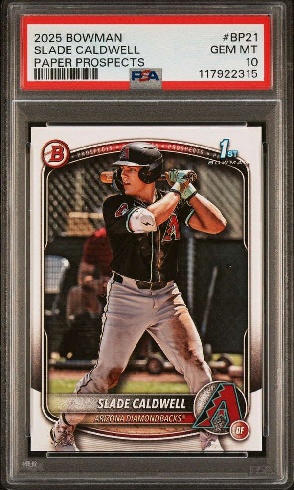 Graded 2025 Topps Bowman Slade Caldwell #BP21 Paper Prospects Rookie RC Baseball Card PSA 10 Gem Mint (ONLINE ORDER ONLY)