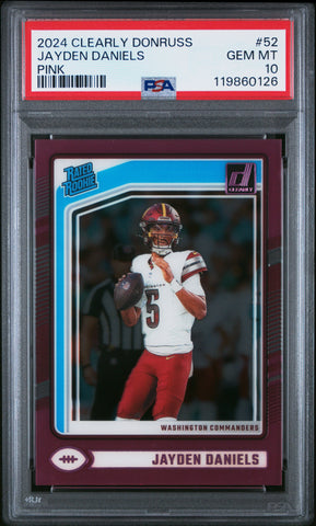 Graded 2024 Panini Clearly Donruss Jayden Daniels #52 Pink Rookie RC Football Card PSA 10 Gem Mint (ONLINE ORDER ONLY)