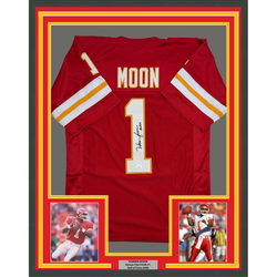 Framed Autographed/Signed Warren Moon 35x39 HOF 06 Kansas City Red Football Jersey JSA COA
