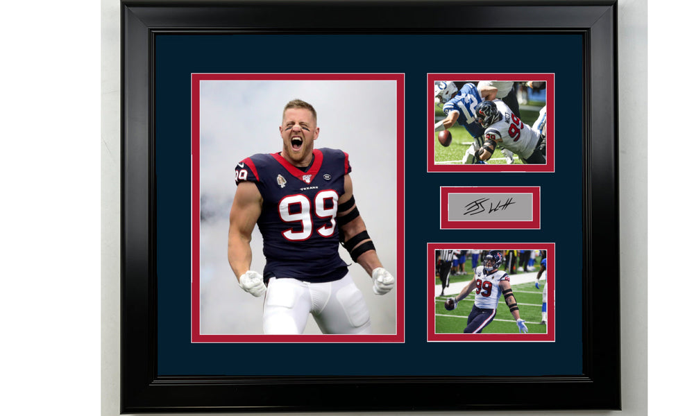 Framed J.J. Watt Houston Texans Facsimile Laser Engraved Signature Football 14x11 3 Photo Collage (ONLINE ORDER ONLY)