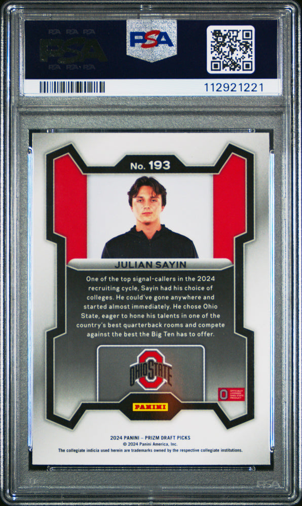 Graded 2024 Panini Prizm Draft Picks Julian Sayin #193 Rookie RC Football Card PSA 10 Gem Mint (ONLINE ORDER ONLY)