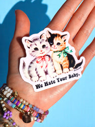 Funny Vinyl Sticker – We Hate Your Baby – Sarcastic Cats Waterproof Dark Humor Decal (Online Order Only)