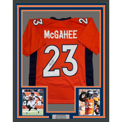 Framed Autographed/Signed Willis McGahee 35x39 Denver Orange Football Jersey JSA COA