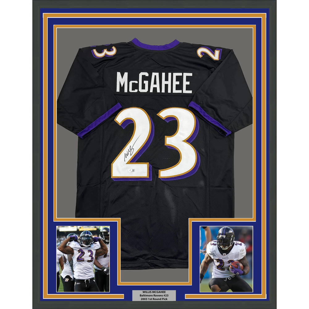 Framed Autographed/Signed Willis McGahee 35x39 Baltimore Black Football Jersey Beckett BAS COA
