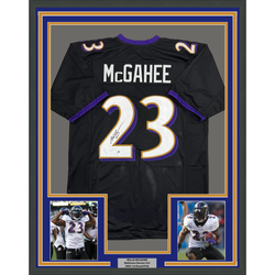 Framed Autographed/Signed Willis McGahee 35x39 Baltimore Black Football Jersey Beckett BAS COA