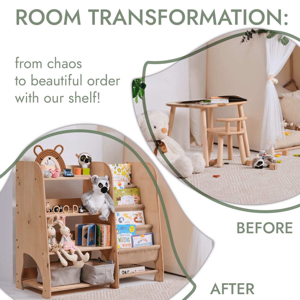Wooden Montessori Shelves for Toddler 2in1: Bookshelf & Toy Shelving (ONLINE ORDER ONLY)