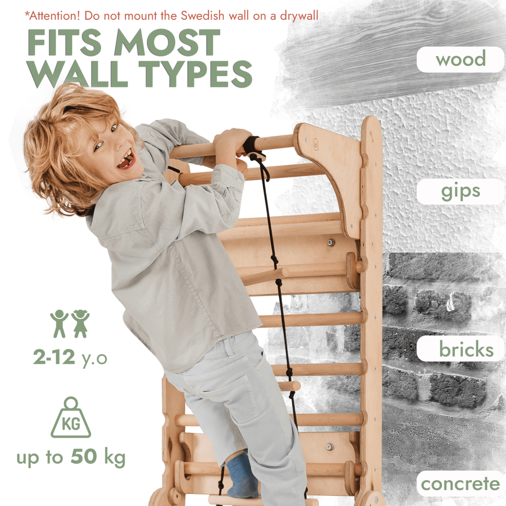 Wooden Swedish Wall / Climbing ladder for Children + Swing Set + Slide Board + Art Add-on (ONLINE ORDER ONLY)
