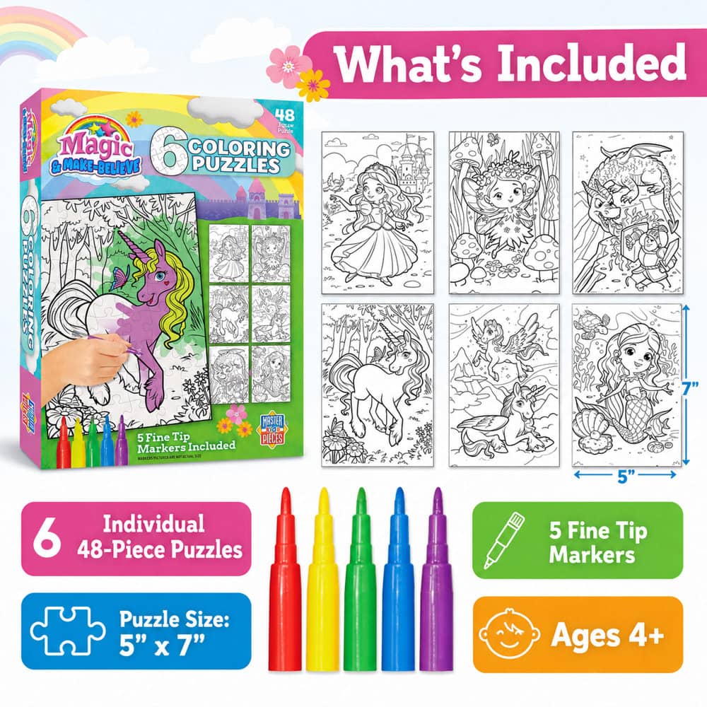 Magic & Make Believe Coloring Puzzles 6-Pack - 48 Piece Puzzles