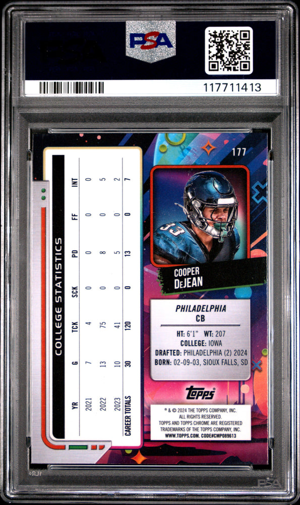 Graded 2024 Topps Cosmic Chrome Cooper DeJean #177 Rookie RC Football Card PSA 10 Gem Mint (ONLINE ORDER ONLY)