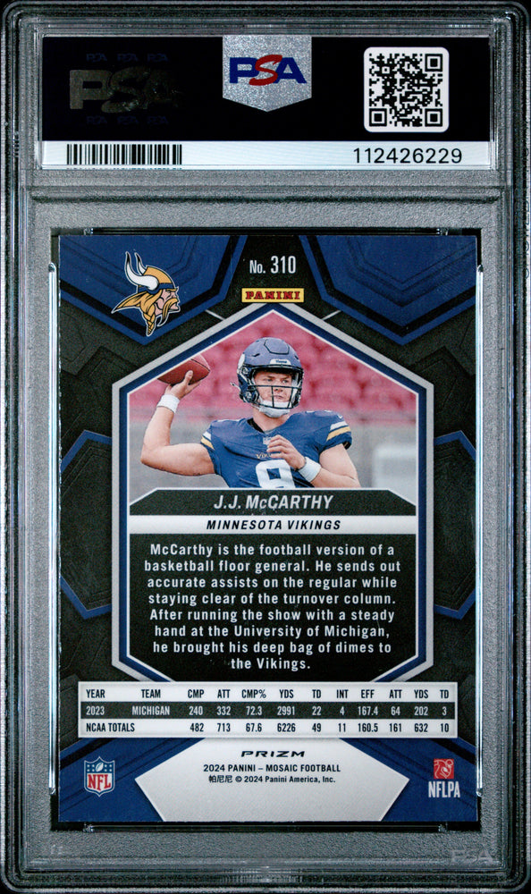 Graded 2024 Panini Mosaic JJ McCarthy #310 Reactive Blue Rookie RC Football Card PSA 9 Mint (ONLINE ORDER ONLY)