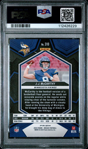 Graded 2024 Panini Mosaic JJ McCarthy #310 Reactive Blue Rookie RC Football Card PSA 9 Mint (ONLINE ORDER ONLY)