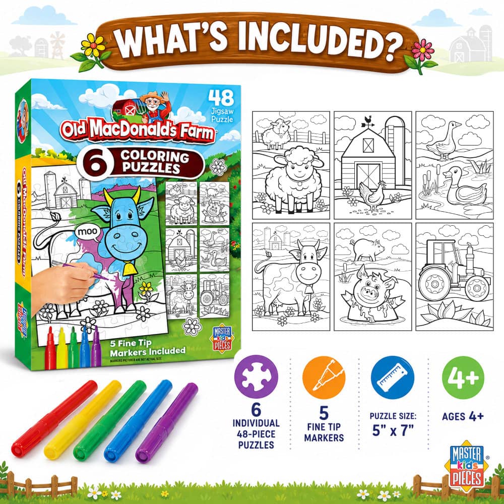 Old MacDonald's Farm Coloring Puzzles 6-Pack - 48 Piece Puzzles