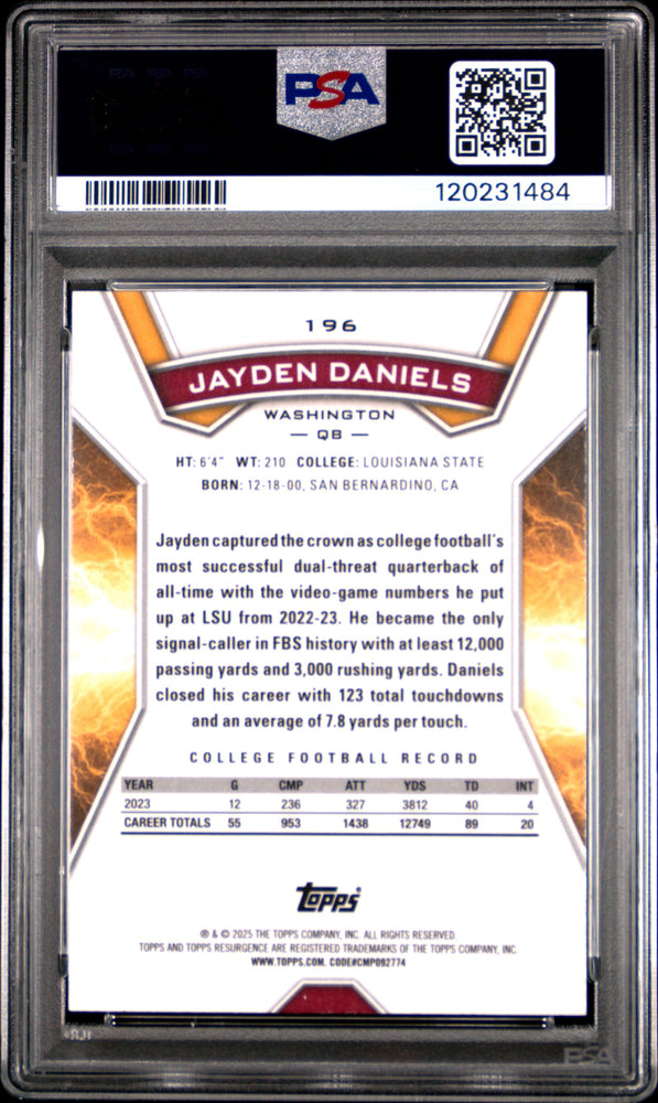 Graded 2024 Topps Resurgence Jayden Daniels #196 Rookie RC Football Card PSA 10 Gem Mint (ONLINE ORDER ONLY)