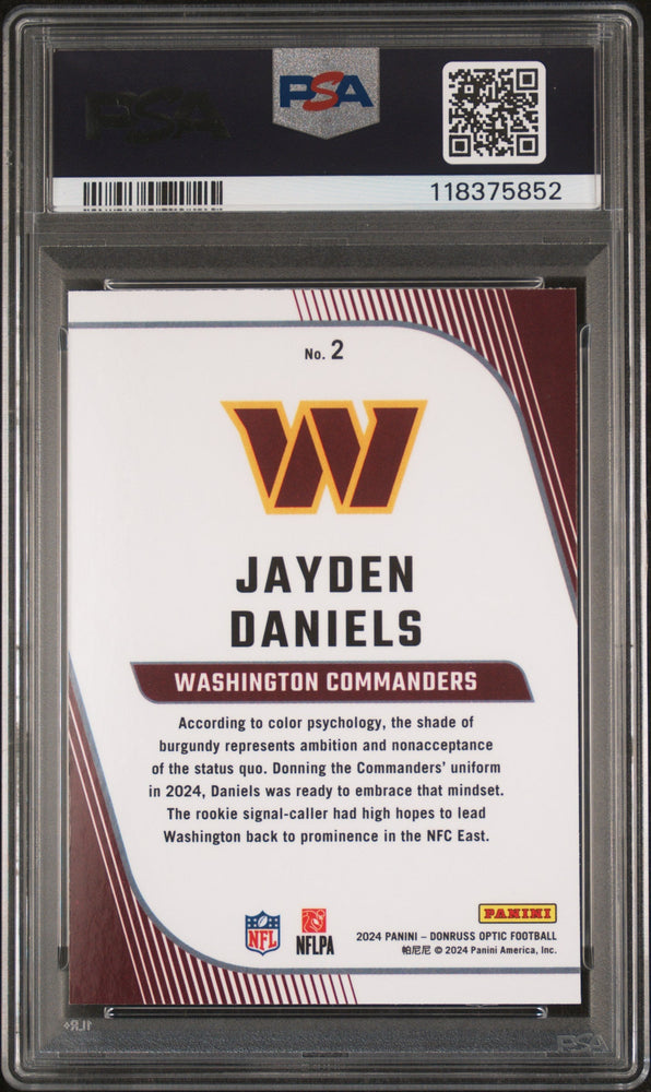 Graded 2024 Panini Donruss Optic Jayden Daniels #2 Primary Colors Rookie RC Football Card PSA 10 Gem Mint (ONLINE ORDER ONLY)