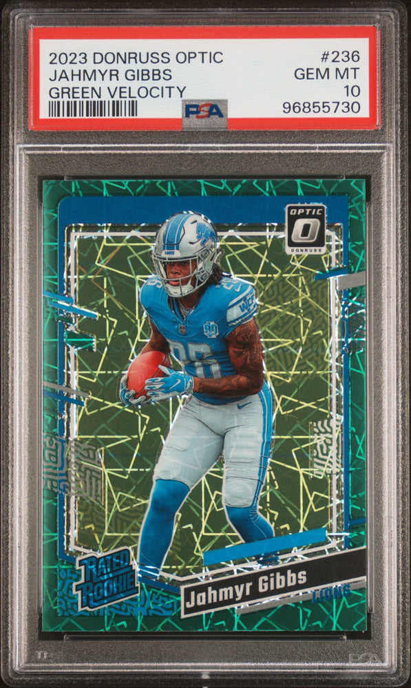 Graded 2023 Panini Donruss Optic Jahmyr Gibbs #236 Green Velocity Rookie RC Football Card PSA 10 Gem Mint (ONLINE ORDER ONLY)