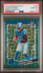 Graded 2023 Panini Donruss Optic Jahmyr Gibbs #236 Green Velocity Rookie RC Football Card PSA 10 Gem Mint (ONLINE ORDER ONLY)