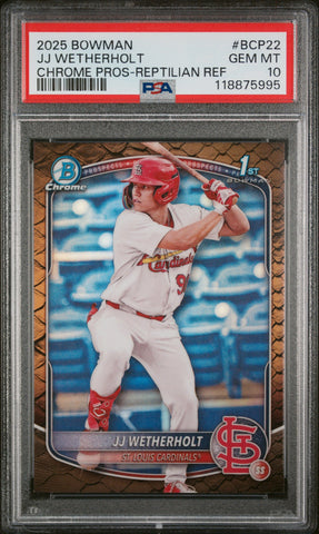 Graded 2025 Topps Bowman JJ Wetherholt #BCP22 Chrome Prospects Reptilian Refractor Rookie RC Baseball Card PSA 10 Gem Mint (ONLINE ORDER ONLY)