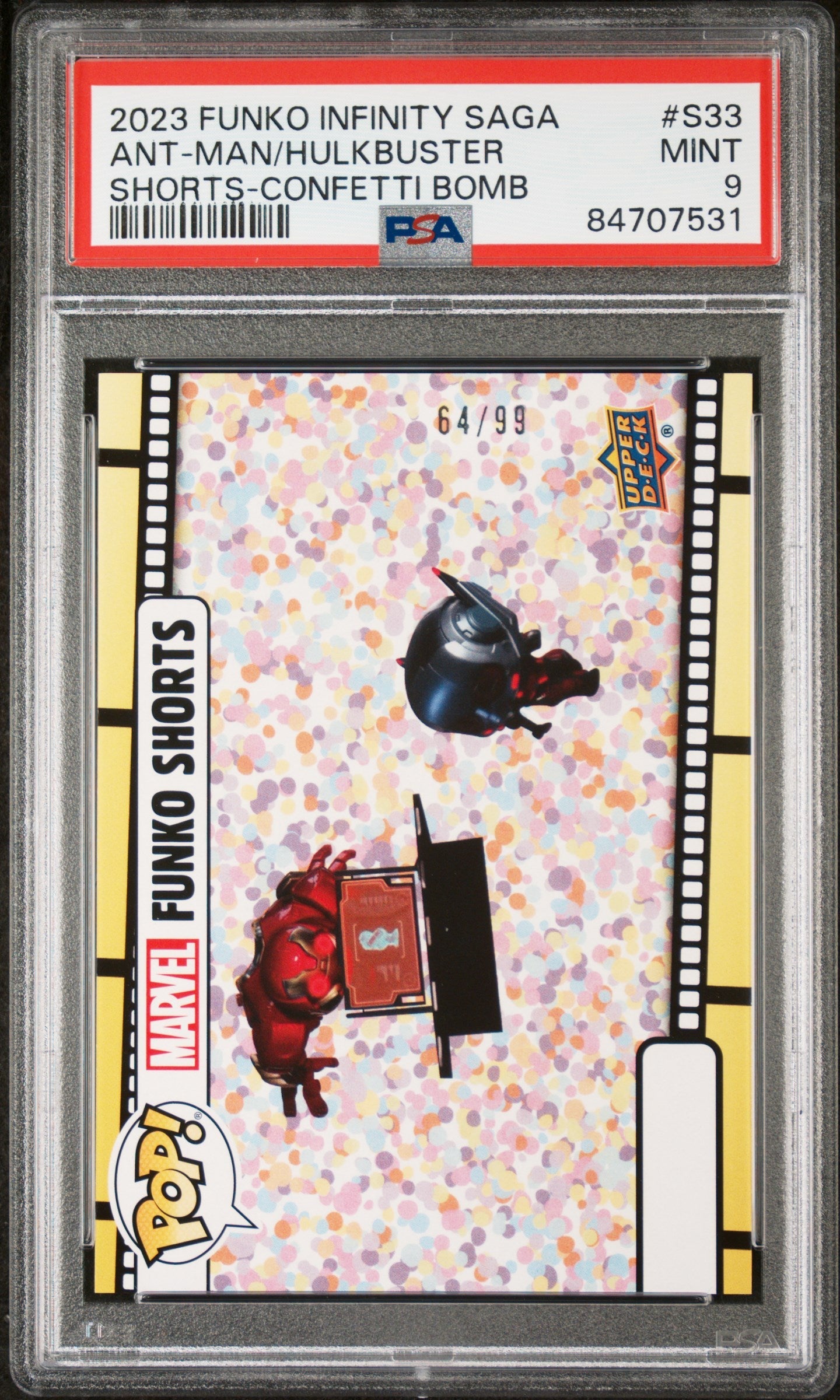 2023 UPPER DECK FUNKO POP MARVEL  SHORTS ANTMAN/HULKBUSTER SHORTSCONFETTI BOMB #S33  PSA 9 (Online Order Only)