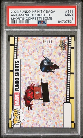 2023 UPPER DECK FUNKO POP MARVEL  SHORTS ANTMAN/HULKBUSTER SHORTSCONFETTI BOMB #S33  PSA 9 (Online Order Only)