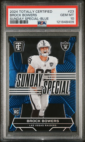 Graded 2024 Panini Totally Certified Brock Bowers #23 Sunday Special Blue /199 Rookie RC Football Card PSA 10 Gem Mint (ONLINE ORDER ONLY)