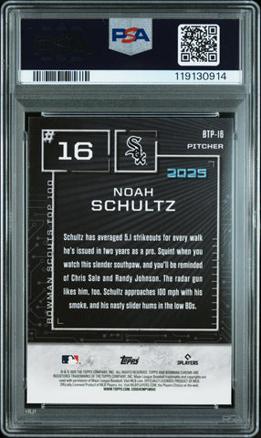 Graded 2025 Topps Bowman Noah Schultz #BTP16 Scouts Top 100 Mini Diamond /150 Rookie RC Baseball Card PSA 10 Gem Mint (ONLINE ORDER ONLY)