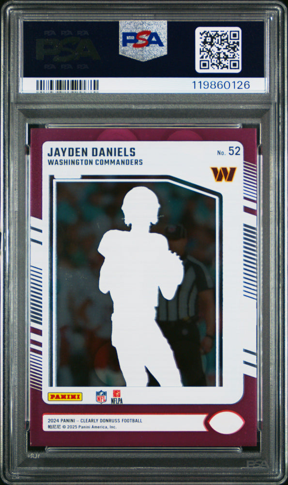 Graded 2024 Panini Clearly Donruss Jayden Daniels #52 Pink Rookie RC Football Card PSA 10 Gem Mint (ONLINE ORDER ONLY)