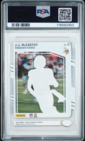 Graded 2024 Panini Clearly Donruss JJ McCarthy #61 Rookie RC Football Card PSA 10 Gem Mint (ONLINE ORDER ONLY)