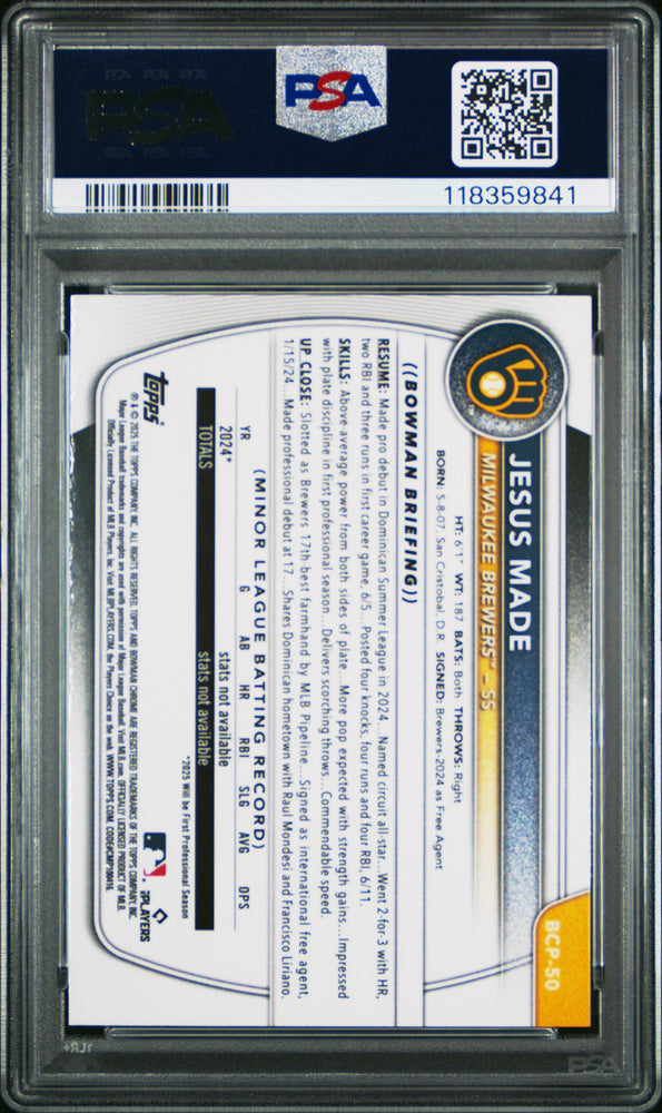 Graded 2025 Topps Bowman Jesus Made #BCP50 Chrome Prospects Reptilian Refractor Rookie RC Baseball Card PSA 10 Gem Mint (ONLINE ORDER ONLY)