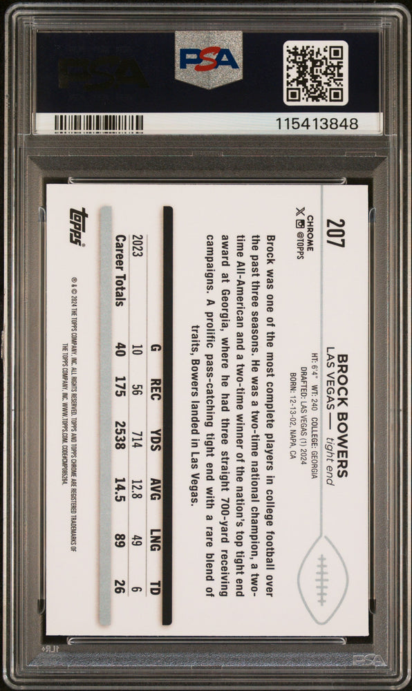 Graded 2024 Topps Chrome Brock Bowers #207 Rookie RC Football Card PSA 9 Mint (ONLINE ORDER ONLY)