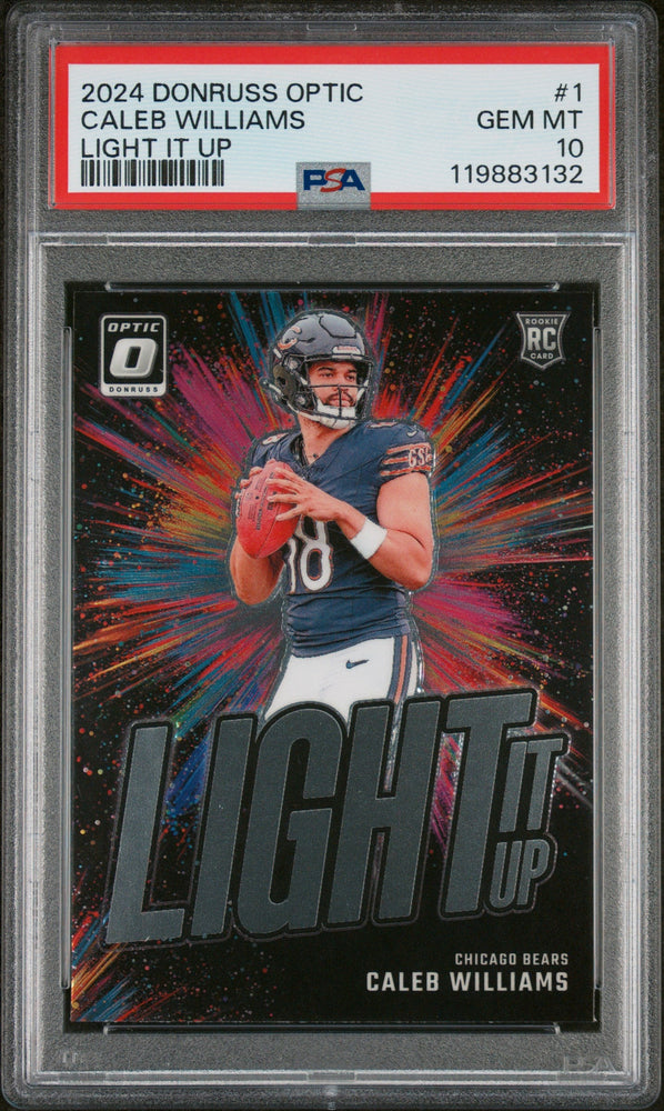 Graded 2024 Panini Donruss Optic Caleb Williams #1 Light It Up Rookie RC Football Card PSA 10 Gem Mint (ONLINE ORDER ONLY)