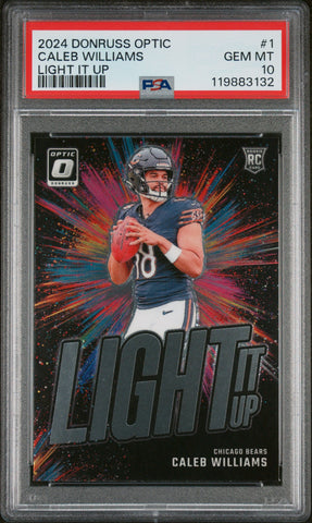 Graded 2024 Panini Donruss Optic Caleb Williams #1 Light It Up Rookie RC Football Card PSA 10 Gem Mint (ONLINE ORDER ONLY)