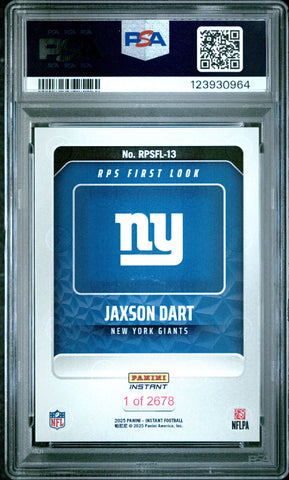 Graded 2025 Panini Instant Jaxson Dart #RPSFL13 RPS First Look Rookie RC Football Card PSA 10 Gem Mint (ONLINE ORDER ONLY)