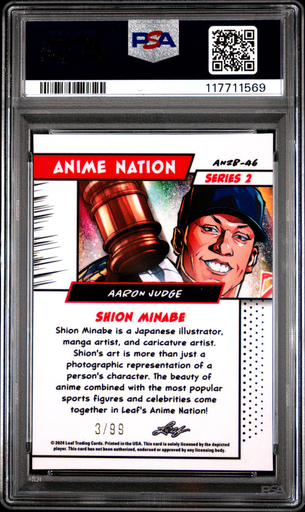 Graded 2024 Leaf Aaron Judge #AN2B46 Anime Nation Series 2 /99 Baseball Card PSA 9 Mint (ONLINE ORDER ONLY)
