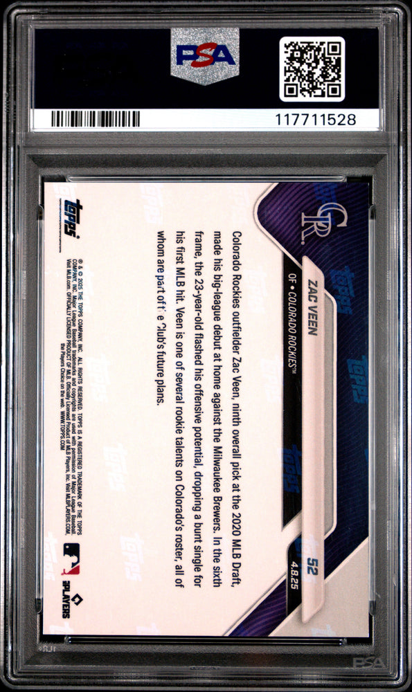 Graded 2025 Topps Now Zac Veen #52 Orange Foil /25 Rookie RC Baseball Card PSA 10 Gem Mint (ONLINE ORDER ONLY)