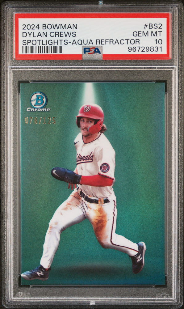 Graded 2024 Topps Bowman Dylan Crews #BS2 Spotlights Aqua Refractor /125 Rookie RC Baseball Card PSA 10 Gem Mint (ONLINE ORDER ONLY)