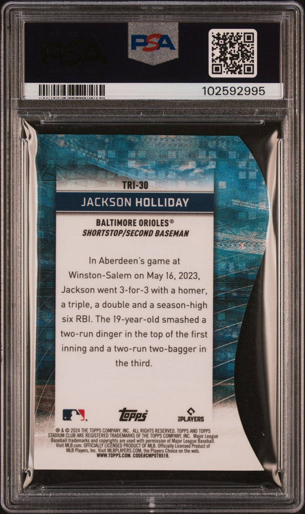 Graded 2024 Topps Stadium Club Jackson Holliday #TRI30 Triumvirates Rookie RC Baseball Card PSA 10 Gem Mint (ONLINE ORDER ONLY)