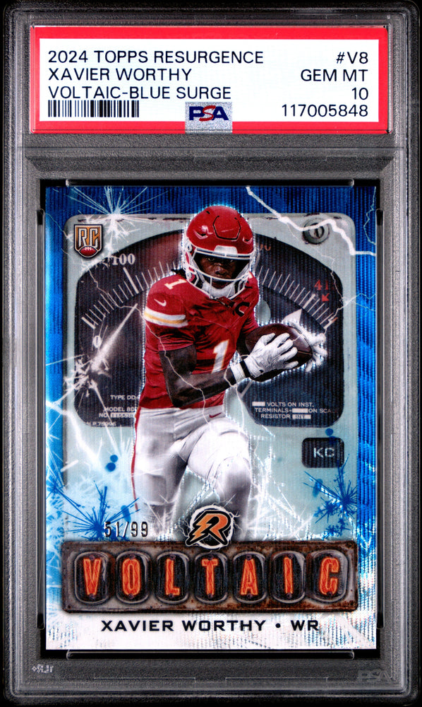 Graded 2024 Topps Resurgence Xavier Worthy #V8 Voltaic Blue Surge /99 Rookie RC Football Card PSA 10 Gem Mint (ONLINE ORDER ONLY)