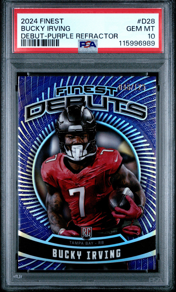 Graded 2024 Topps Finest Bucky Irving #D28 Debut Purple Refractor /125 Rookie RC Football Card PSA 10 Gem Mint (ONLINE ORDER ONLY)