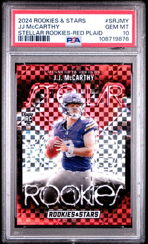 Graded 2024 Panini Rookies & Stars JJ McCarthy #SRJMY Stellar Rookies Red Plaid Rookie RC Football Card PSA 10 Gem Mint (ONLINE ORDER ONLY)